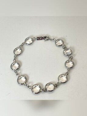 Vintage Swarovski Clear Crystal Bezel Link Bracelet Silver Tone 7"